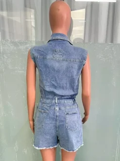 Sleeveless Denim Romper For Women - Light Blue Distressed Tie Waist One Piece Shorts - Summer Clubwear 2026