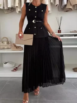 Sleeveless 2 Piece Set For Women - Old Money Belted Vest And Pleated Maxi Dress - Spring Casual Event 2026