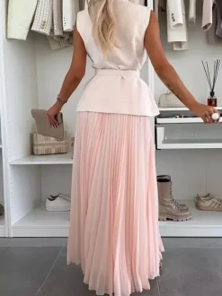 Sleeveless 2 Piece Set For Women - Old Money Belted Vest And Pleated Maxi Dress - Spring Casual Event 2026