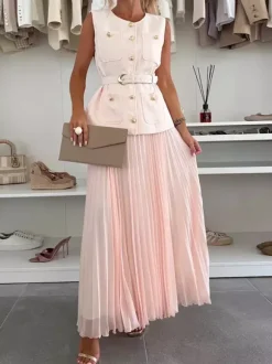 Sleeveless 2 Piece Set For Women - Old Money Belted Vest And Pleated Maxi Dress - Spring Casual Event 2026