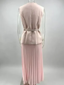 Sleeveless 2 Piece Set For Women - Old Money Belted Vest And Pleated Maxi Dress - Spring Casual Event 2026