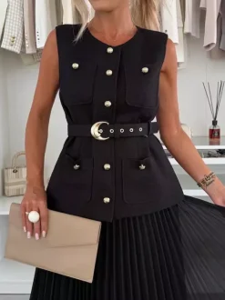 Sleeveless 2 Piece Set For Women - Old Money Belted Vest And Pleated Maxi Dress - Spring Casual Event 2026