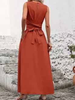 Sleeveless Tie Waist Maxi Dress For Women - Casual Solid Color A Line Sun Dress With Pockets - Summer Beach Vacation 2026