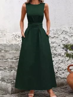 Sleeveless Tie Waist Maxi Dress For Women - Casual Solid Color A Line Sun Dress With Pockets - Summer Beach Vacation 2026