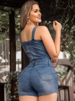 Slim Fit Denim Romper For Women - Blue Sexy Button Up Distressed Ripped Jean Jumpsuit Shorts - Summer Outdoor Party 2026