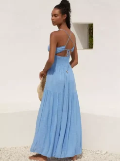 Smocked Backless Maxi Slip Dress For Women - Boho Cutout Front High Slit Sundress - Summer Beach Vacation 2026