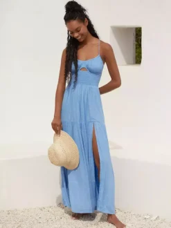 Smocked Backless Maxi Slip Dress For Women - Boho Cutout Front High Slit Sundress - Summer Beach Vacation 2026