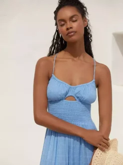 Smocked Backless Maxi Slip Dress For Women - Boho Cutout Front High Slit Sundress - Summer Beach Vacation 2026