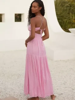 Smocked Backless Maxi Slip Dress For Women - Boho Cutout Front High Slit Sundress - Summer Beach Vacation 2026