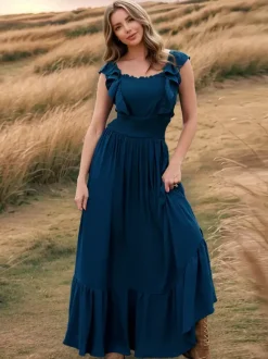 Smocked Waist Maxi Boho Dress for Women - Flutter Sleeve Square Neck Tiered Ruffle Flowy Gown - Summer Beach Sundress 2026