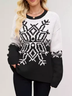 Snowflake Print Christmas Sweater Red White Knit Pullover For Women 2026