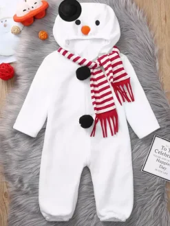 Snowman Jumpsuit For Christmas White Polyester Fiber Jumpsuit Scarf Polyester Christmas Holidays Costumes Full Set