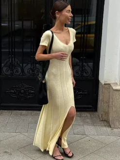 Soft Pink V Neck Knit Maxi Dress For Women Elegant Daily Style