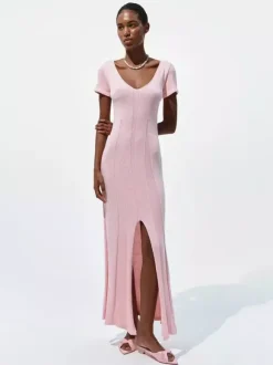 Soft Pink V Neck Knit Maxi Dress For Women Elegant Daily Style