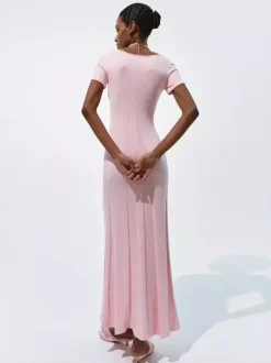Soft Pink V Neck Knit Maxi Dress For Women Elegant Daily Style