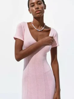 Soft Pink V Neck Knit Maxi Dress For Women Elegant Daily Style