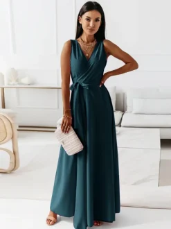 Soft Pink V-Neck Dresses Lace Up Sleeveless Layered Prom Maxi Dress 2026