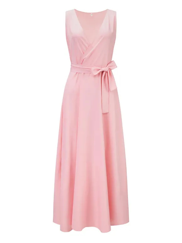 Soft Pink V-Neck Dresses Lace Up Sleeveless Layered Prom Maxi Dress 2026