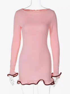 Soft Pink Bodycon Dress Elegant Pleated Long Sleeves Mini Dress For Women 2026