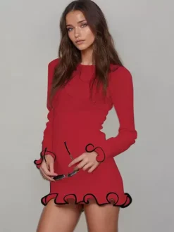 Soft Pink Bodycon Dress Elegant Pleated Long Sleeves Mini Dress For Women 2026