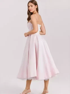 Soft Pink Corset Midi Dress Sweetheart Neck Straps A-line Birthday Party Dress For Women 2026