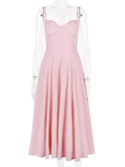 Soft Pink Corset Midi Dress Sweetheart Neck Straps A-line Birthday Party Dress For Women 2026