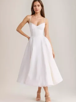 Soft Pink Corset Midi Dress Sweetheart Neck Straps A-line Birthday Party Dress For Women 2026