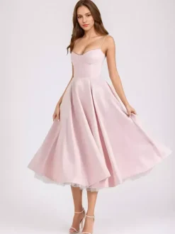 Soft Pink Corset Midi Dress Sweetheart Neck Straps A-line Birthday Party Dress For Women 2026