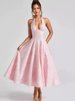 Soft Pink Floral Midi Dress Halter Summer A-line Vintage Dress For Women 2026