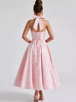 Soft Pink Floral Midi Dress Halter Summer A-line Vintage Dress For Women 2026