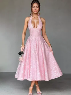 Soft Pink Floral Midi Dress Halter Summer A-line Vintage Dress For Women 2026