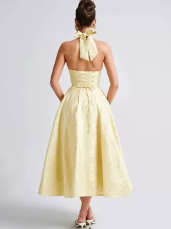 Soft Pink Floral Midi Dress Halter Summer A-line Vintage Dress For Women 2026