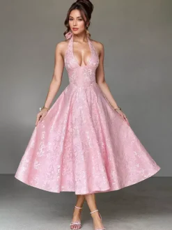 Soft Pink Floral Midi Dress Halter Summer A-line Vintage Dress For Women 2026
