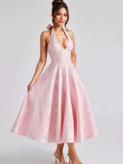 Soft Pink Floral Midi Dress Halter Summer A-line Vintage Dress For Women 2026
