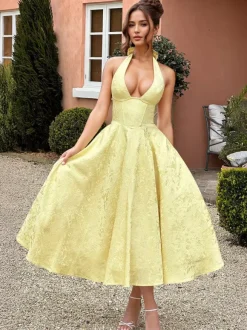 Soft Pink Floral Midi Dress Halter Summer A-line Vintage Dress For Women 2026