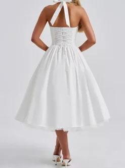 Soft Pink Halterneck A-line Midi Party Dress For Women 2026