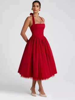 Soft Pink Halterneck A-line Midi Party Dress For Women 2026
