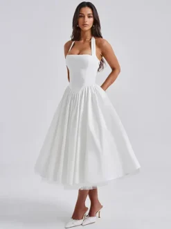Soft Pink Halterneck A-line Midi Party Dress For Women 2026