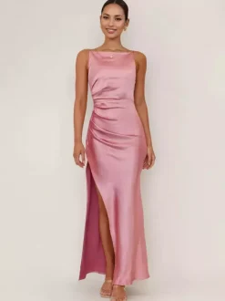 Soft Pink Maxi Slit Dress Open Back Party Slip Dress For Women 2026
