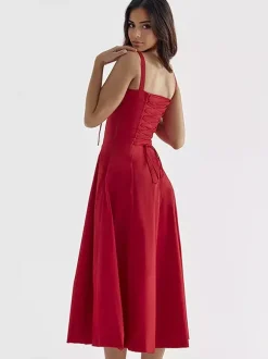 Soft Pink Summer Dress Sleeveless Straps Neck Cottagecore Lace Up Midi Dress For Women