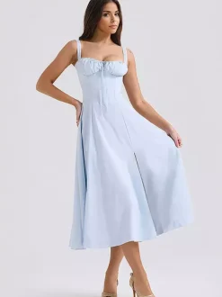 Soft Pink Summer Dress Sleeveless Straps Neck Cottagecore Lace Up Midi Dress For Women