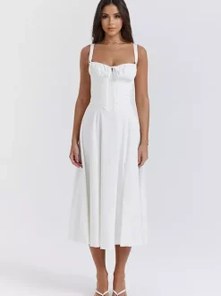 Soft Pink Summer Dress Sleeveless Straps Neck Cottagecore Lace Up Midi Dress For Women