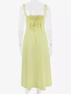 Soft Pink Summer Dress Sleeveless Straps Neck Cottagecore Lace Up Midi Dress For Women