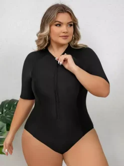 Solid Black Plus Size Zip Front Mid Sleeve Rash Guard Swimsuit