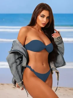 Solid Color Bandeau Bikini With Ruffle Detail For Summer Beach 2026