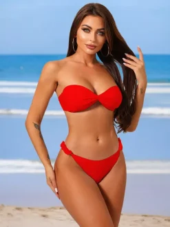 Solid Color Bandeau Bikini With Ruffle Detail For Summer Beach 2026