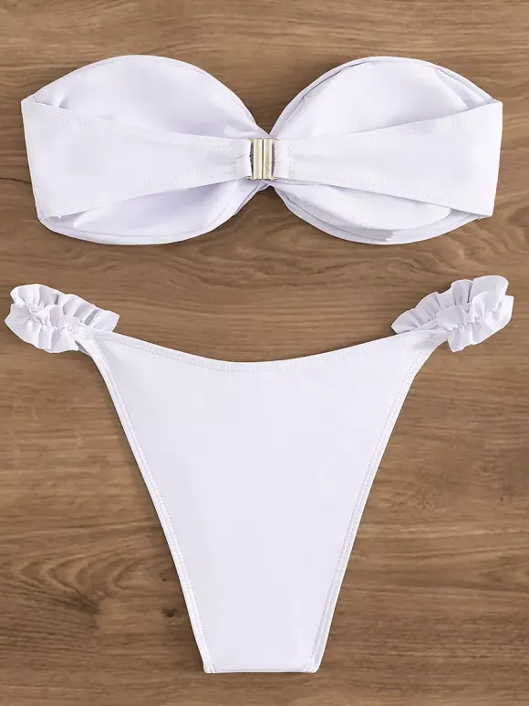 Solid Color Bandeau Bikini With Ruffle Detail For Summer Beach 2026