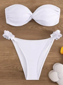 Solid Color Bandeau Bikini With Ruffle Detail For Summer Beach 2026