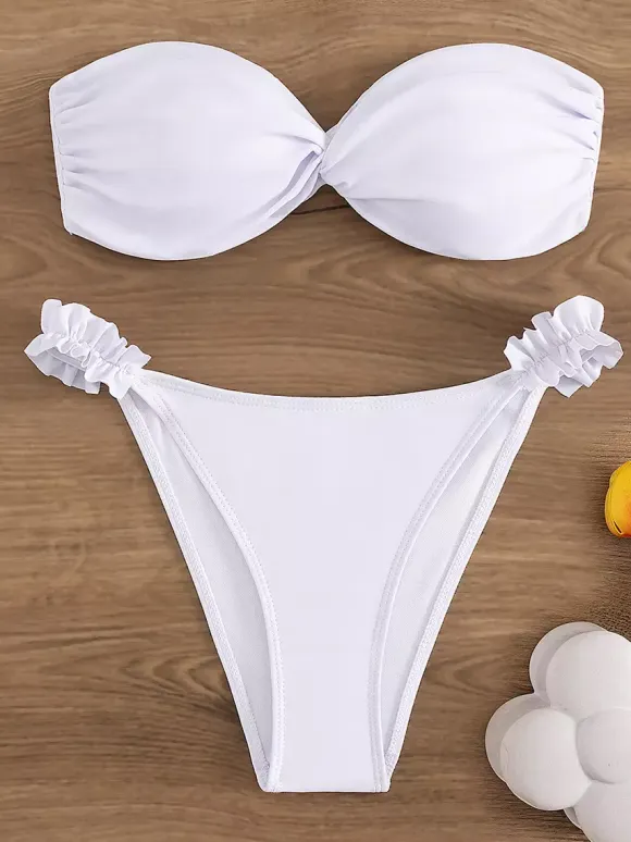 Solid Color Bandeau Bikini With Ruffle Detail For Summer Beach 2026