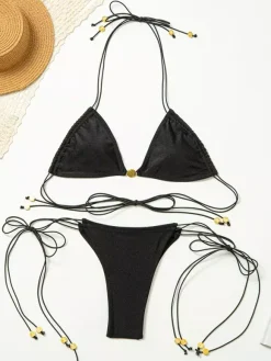 Solid Color Elastic String Bikini 2 Piece Set For Summer 2026